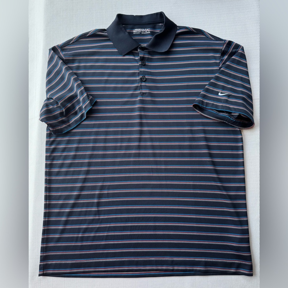 Nike ✔ Golf Fit Dry Navy Blue Striped Stretch Casual Polo Men Size Large EUC